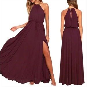 Long plum colored high neck dress